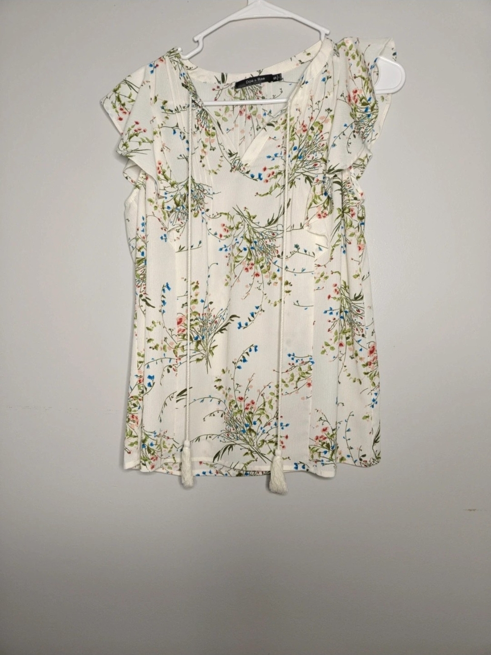 Floral Tie-Front Ruffle Sleeve Top - White
